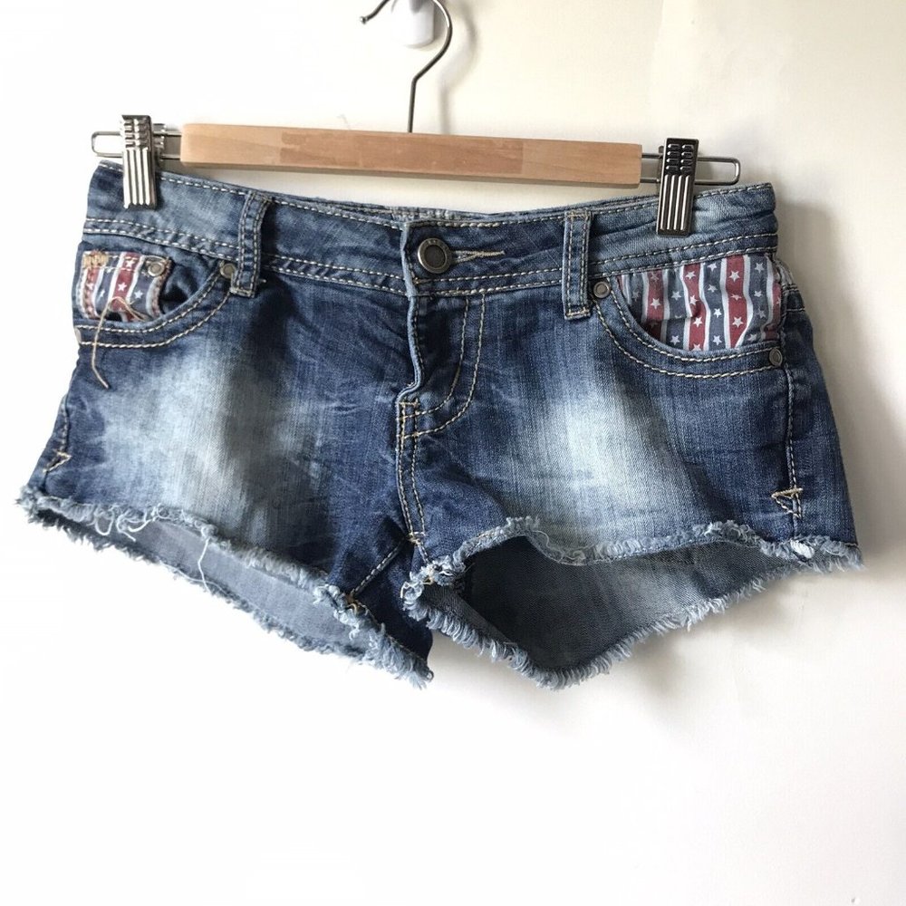 Hot Kiss Cici stars &‎ stripes denim bootie shorts raw hem distressed Jr size 1